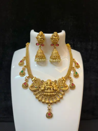 Temple Traditional ruby red and green stone with Goddess Lakshmi | Gold-plated Necklace set  | Ethnic type