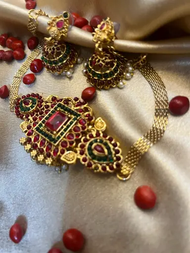 South Indian traditional with ruby red and green stone | Gold-plated Necklace Set | Ethnic type